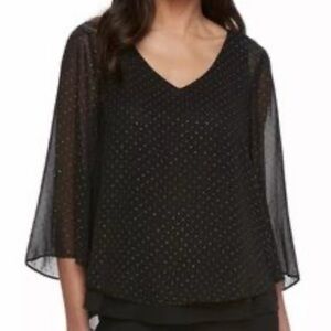 Jennifer Lopez JLO Black Gold Metallic Polka Dot Split Back Flutter Slv Top XL